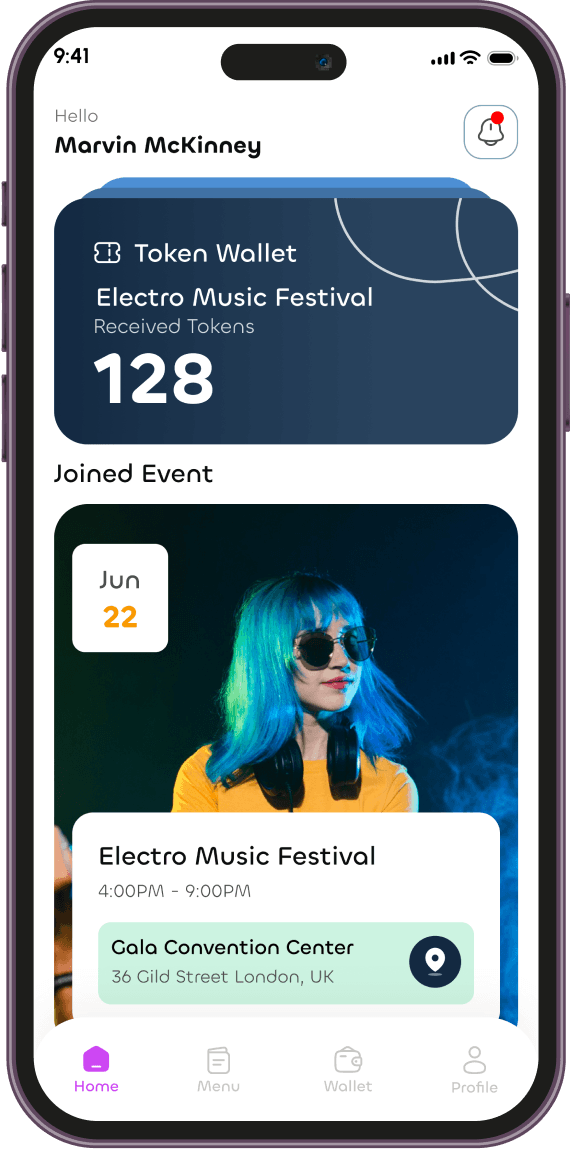 The marQ mobile app showing a token wallet and a joined event